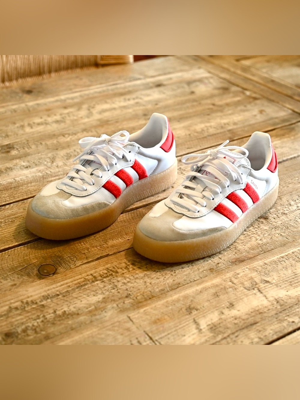 adidas Samba Sneakers in White and Red with Gum Sole M7 W8.5